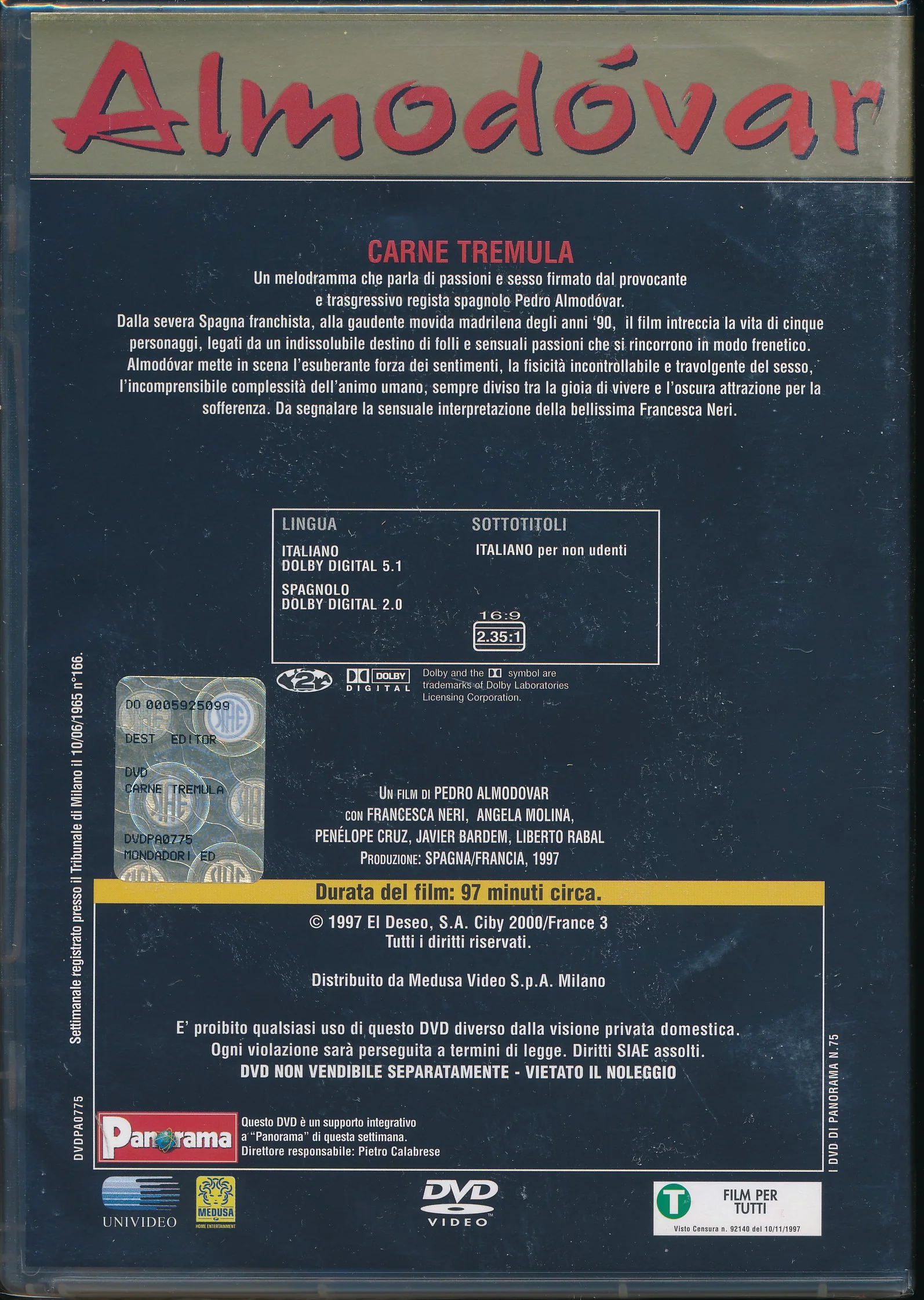 EBOND Carne Tremula - Almodovar [Editoriale Panorama] DVD DB713936 - Image 2